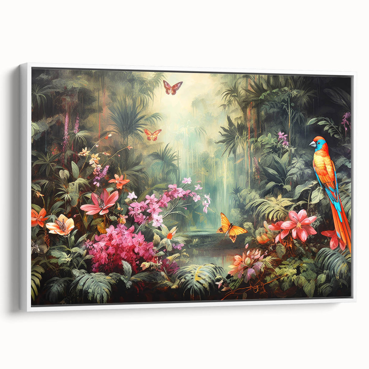 Framed canvas wall art showcasing a vibrant rainforest landscape with lush greenery and colorful flora, set against a white wall for a modern aesthetic.