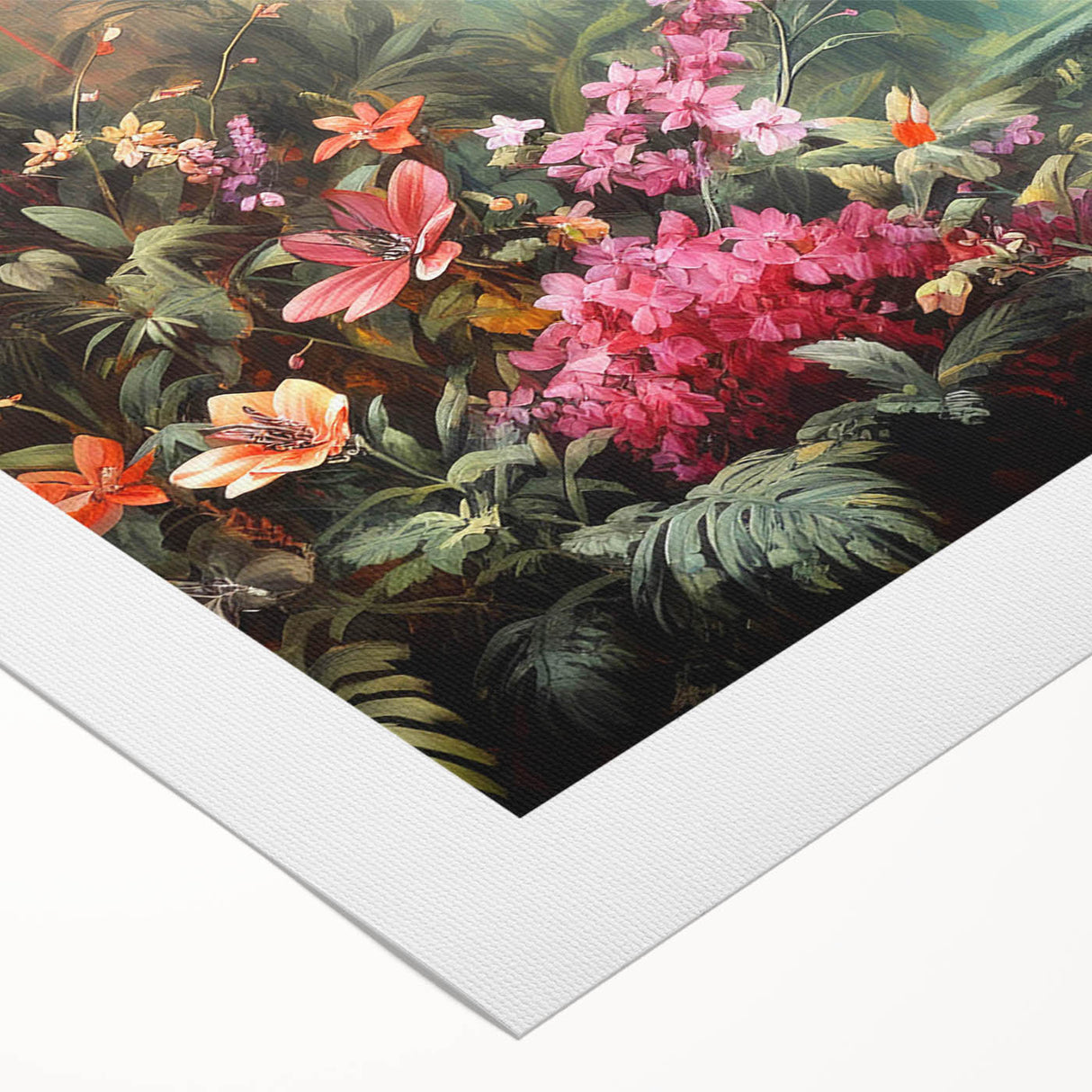 Lush green rainforest landscape wall art design printed on rolled canvas, showcasing vibrant foliage and intricate details, ideal for nature-themed decor.