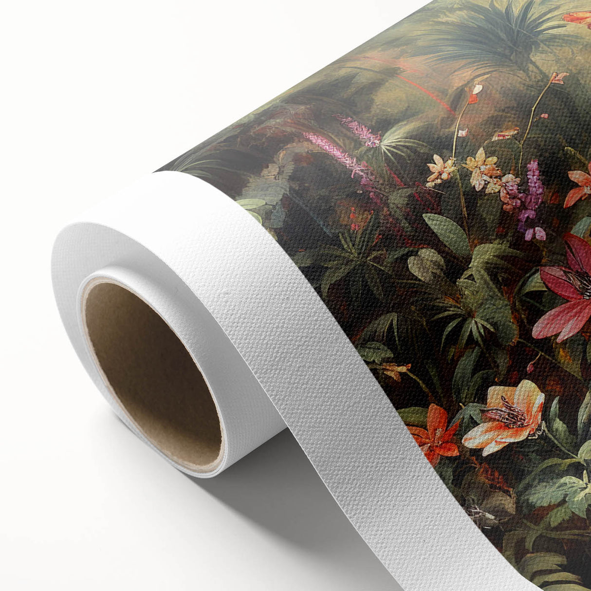 Vibrant rolled canvas showcasing a lush rainforest landscape design, featuring rich greens and tropical foliage, ideal for home decor and nature lovers.