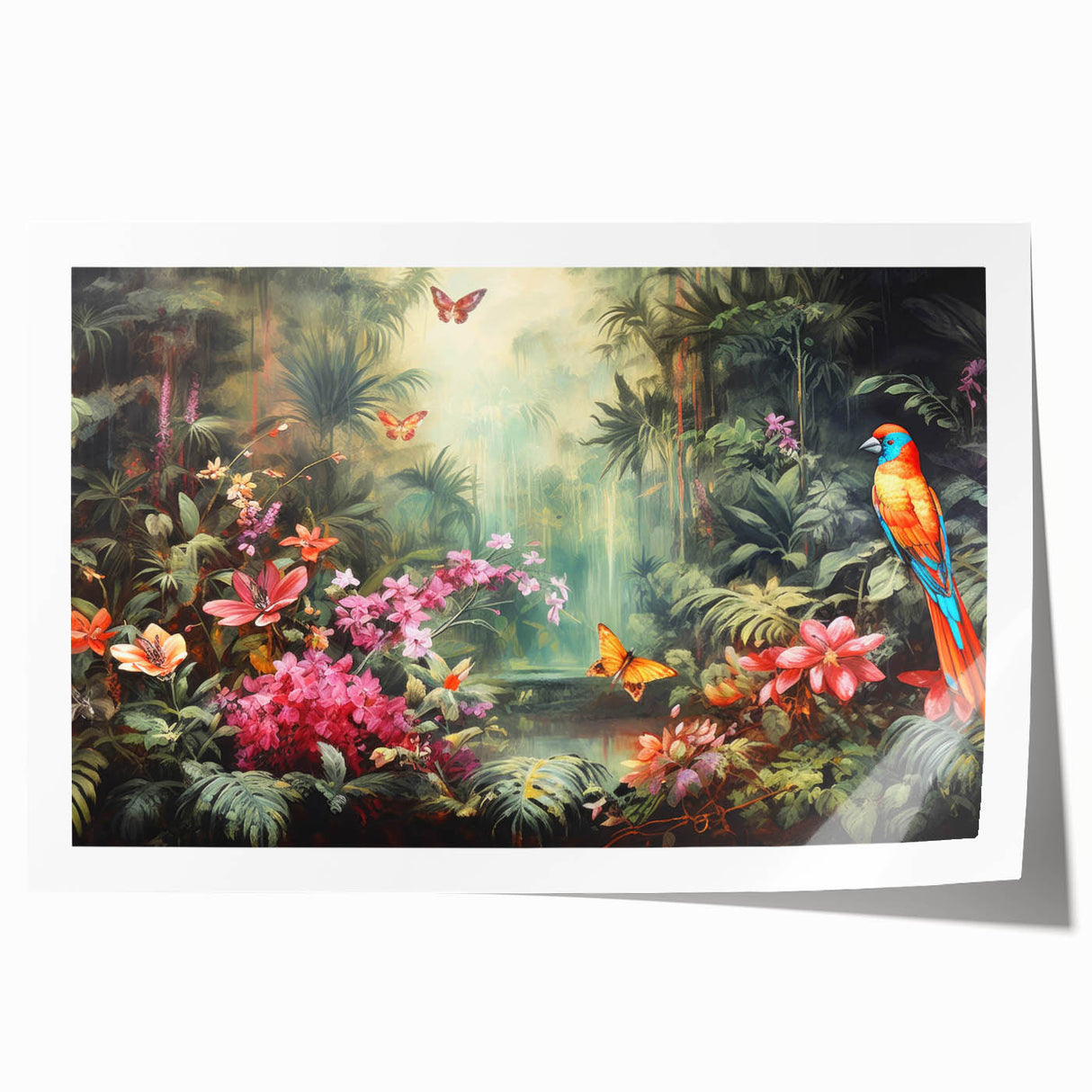 Vibrant rainforest landscape wall art print showcasing lush greenery and tropical flora, rolled and ready for framing, perfect for nature-themed decor.