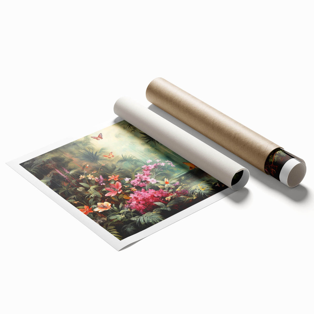 Vibrant rainforest-themed wall art print showcasing lush green foliage and exotic plants, rolled and ready for framing, ideal for enhancing any living space.