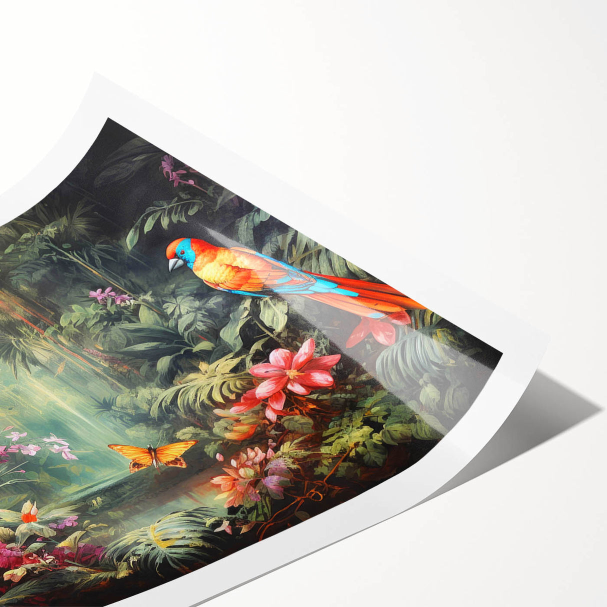 Vibrant rolled print of lush rainforest landscape wall art, showcasing rich greens and intricate details, perfect for home decor or nature-inspired design.