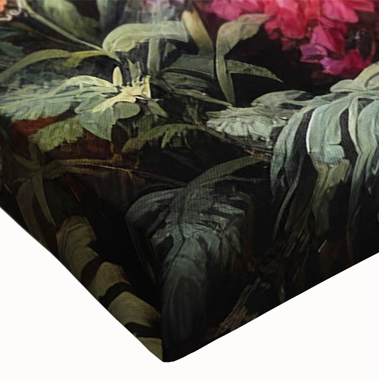 Close-up of a vibrant rainforest-themed stretched canvas wall art design, showcasing lush green foliage and intricate details, perfect for nature lovers' decor.