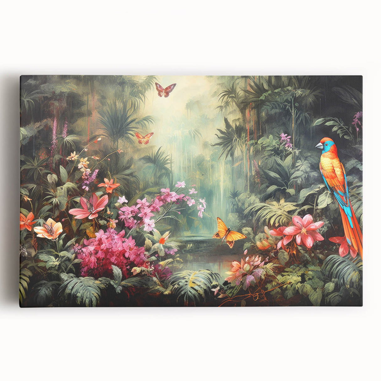 Stretched canvas artwork depicting a vibrant rainforest landscape with lush greenery and rich colors, perfect for enhancing home decor and creating a serene atmosphere.