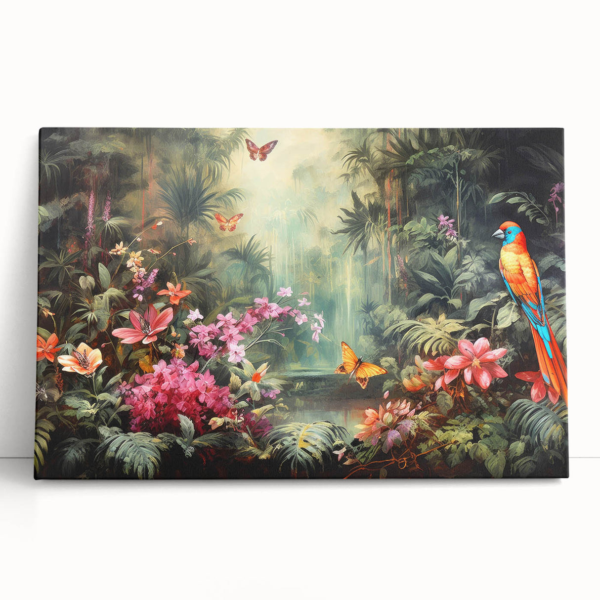Vibrant rainforest landscape wall art on stretched canvas, showcasing lush greenery and diverse flora, perfect for adding a tropical touch to any space.