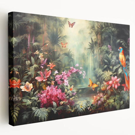 Stretched canvas wall art showcasing a vibrant rainforest landscape design, featuring rich greens and blues, perfect for adding a natural touch to home decor.