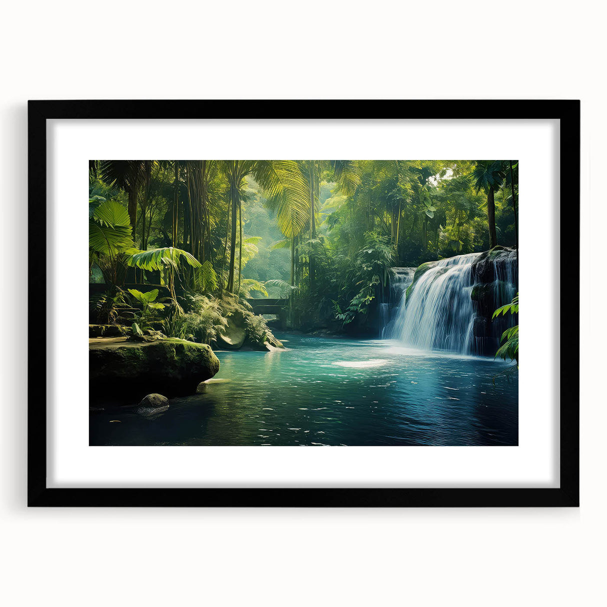 Framed rainforest landscape wall art featuring vibrant greens and blues, elegantly matted with a black frame, perfect for enhancing interior decor.