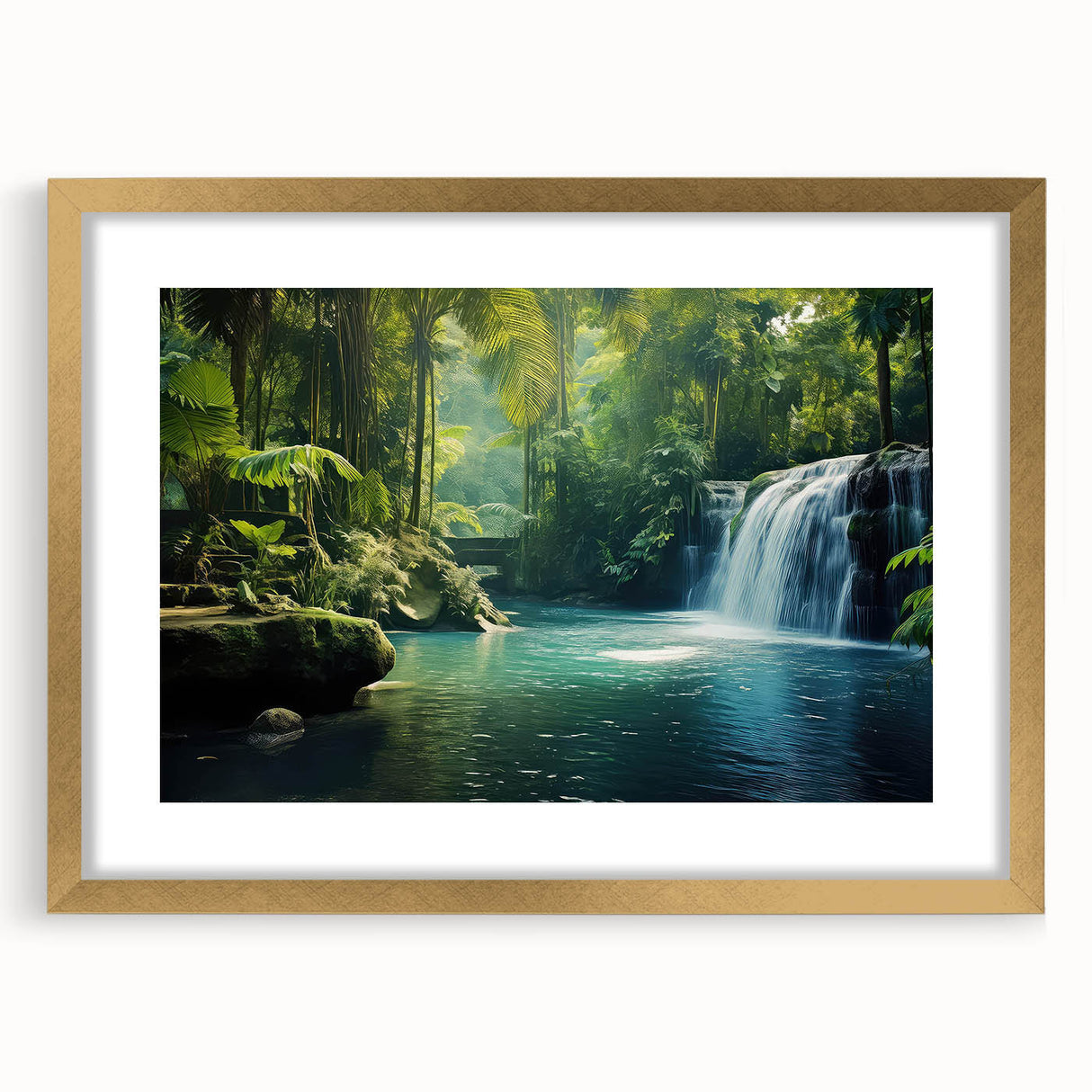 Framed wall art showcasing a vibrant rainforest landscape design, featuring lush green foliage and rich gold accents in a sleek mat, ideal for home decor.