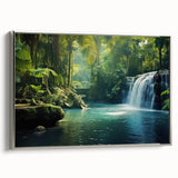 Framed canvas wall art showcasing a vibrant rainforest landscape design, featuring rich greens and blues, highlighted by a sleek silver frame for an elegant touch.