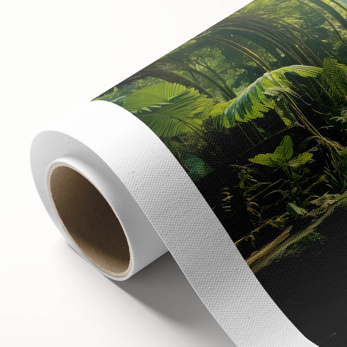 Vibrant rainforest landscape wall art on rolled canvas, showcasing lush greenery and tropical flora, perfect for enhancing home decor and adding a touch of nature.