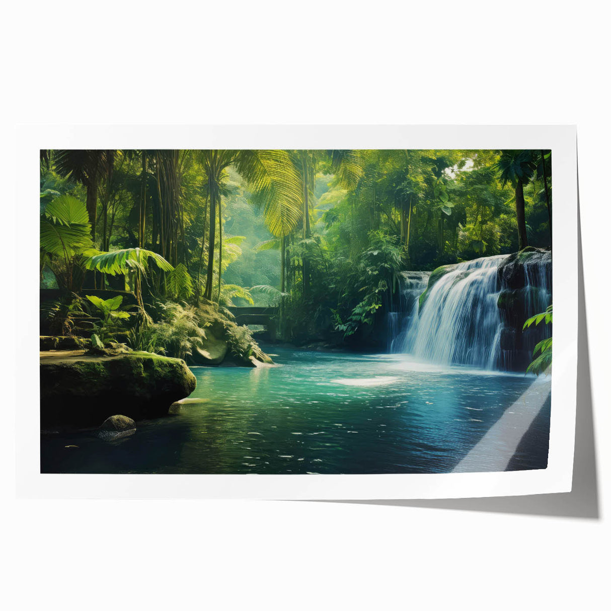 Vibrant rainforest landscape wall art print showcasing lush greenery and tropical foliage, rolled and ready for framing. Ideal for nature-inspired decor.