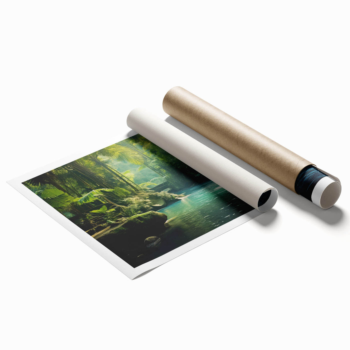 Vibrant rainforest landscape wall art print showcasing lush greenery and tropical foliage, rolled for easy transport and perfect for home decor.
