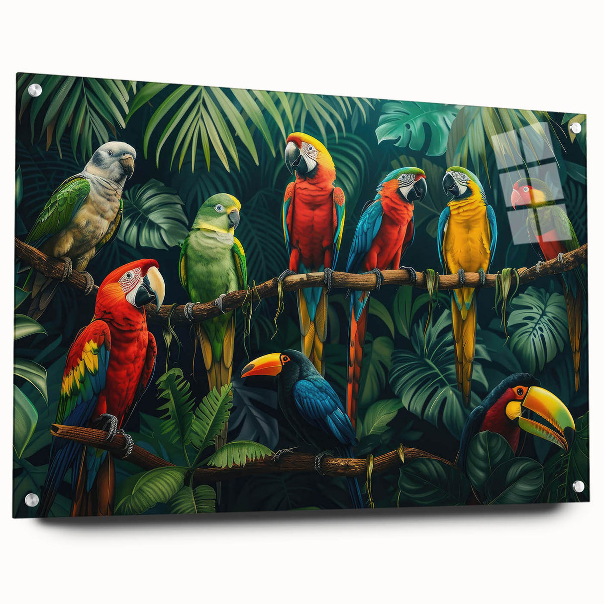 Acrylic glass wall art featuring a vibrant rainforest landscape design, showcasing lush greenery and colorful flora, elegantly displayed with polished pins for a stunning side view.