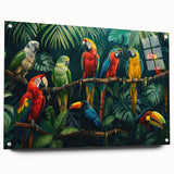Acrylic glass wall art featuring a vibrant rainforest landscape design, showcasing lush greenery and colorful flora, elegantly displayed with polished pins for a stunning side view.