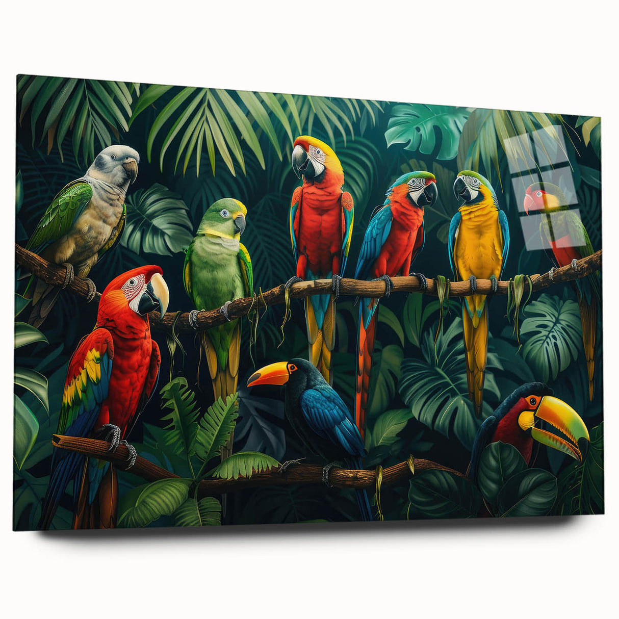 Acrylic wall art showcasing a vibrant rainforest landscape design, elegantly displayed in a side view, featuring rich greens and natural elements, perfect for nature-themed decor.