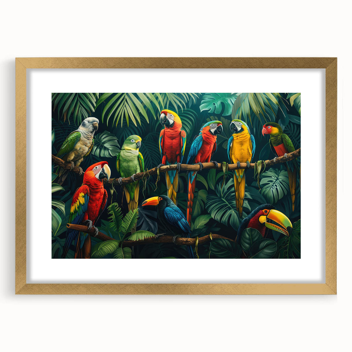 Framed wall art featuring a lush rainforest landscape design with vibrant green foliage and gold accents, elegantly displayed with a mat for a sophisticated look.