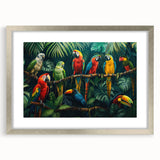 Framed rainforest landscape wall art in silver matting, showcasing vibrant greenery and intricate details, perfect for home decor enthusiasts seeking a nature-inspired aesthetic.