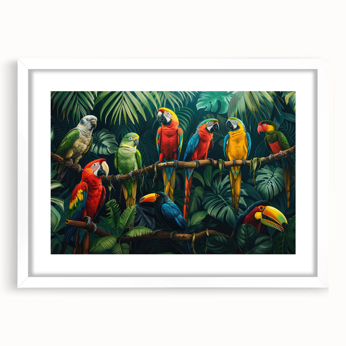 Framed wall art featuring a vibrant rainforest landscape design, showcasing lush greenery and intricate details, set in a sleek white frame with a mat. Ideal for nature lovers and home decor enthusiasts seeking to enhance their living space.