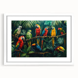 Framed wall art featuring a vibrant rainforest landscape design, showcasing lush greenery and intricate details, set in a sleek white frame with a mat. Ideal for nature lovers and home decor enthusiasts seeking to enhance their living space.
