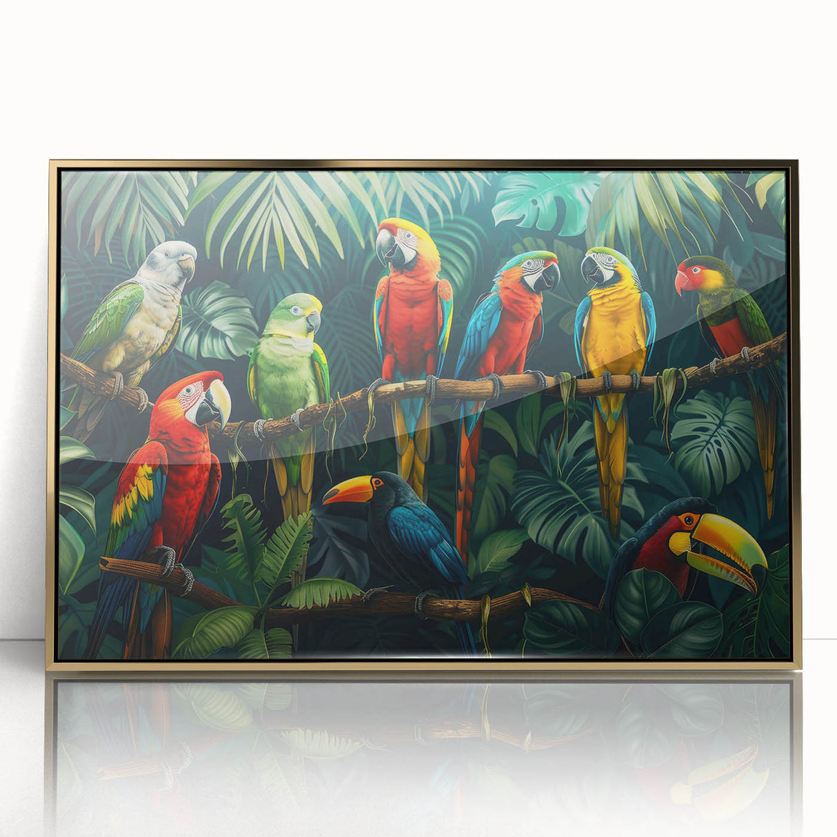 Framed acrylic wall art displaying a vibrant rainforest landscape with rich greens and gold accents, perfect for enhancing modern decor and adding a touch of nature.