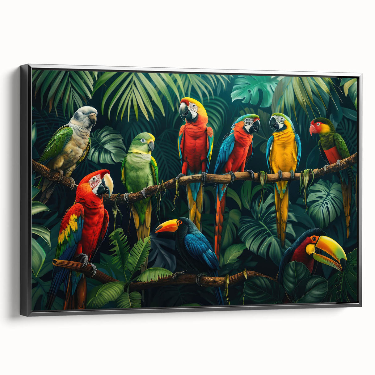 Framed canvas wall art depicting a vibrant rainforest landscape, featuring lush greenery and intricate details, showcased from a black side view, ideal for nature lovers.