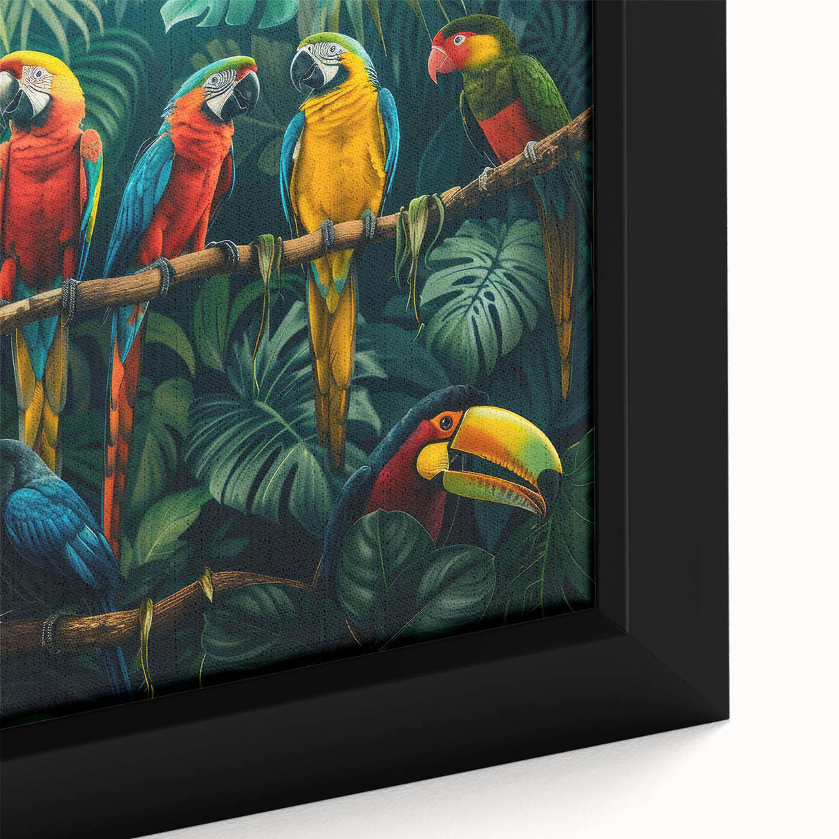 Close-up of a vibrant rainforest landscape canvas wall art design, showcasing lush green foliage and intricate details. Ideal for nature-inspired home decor.