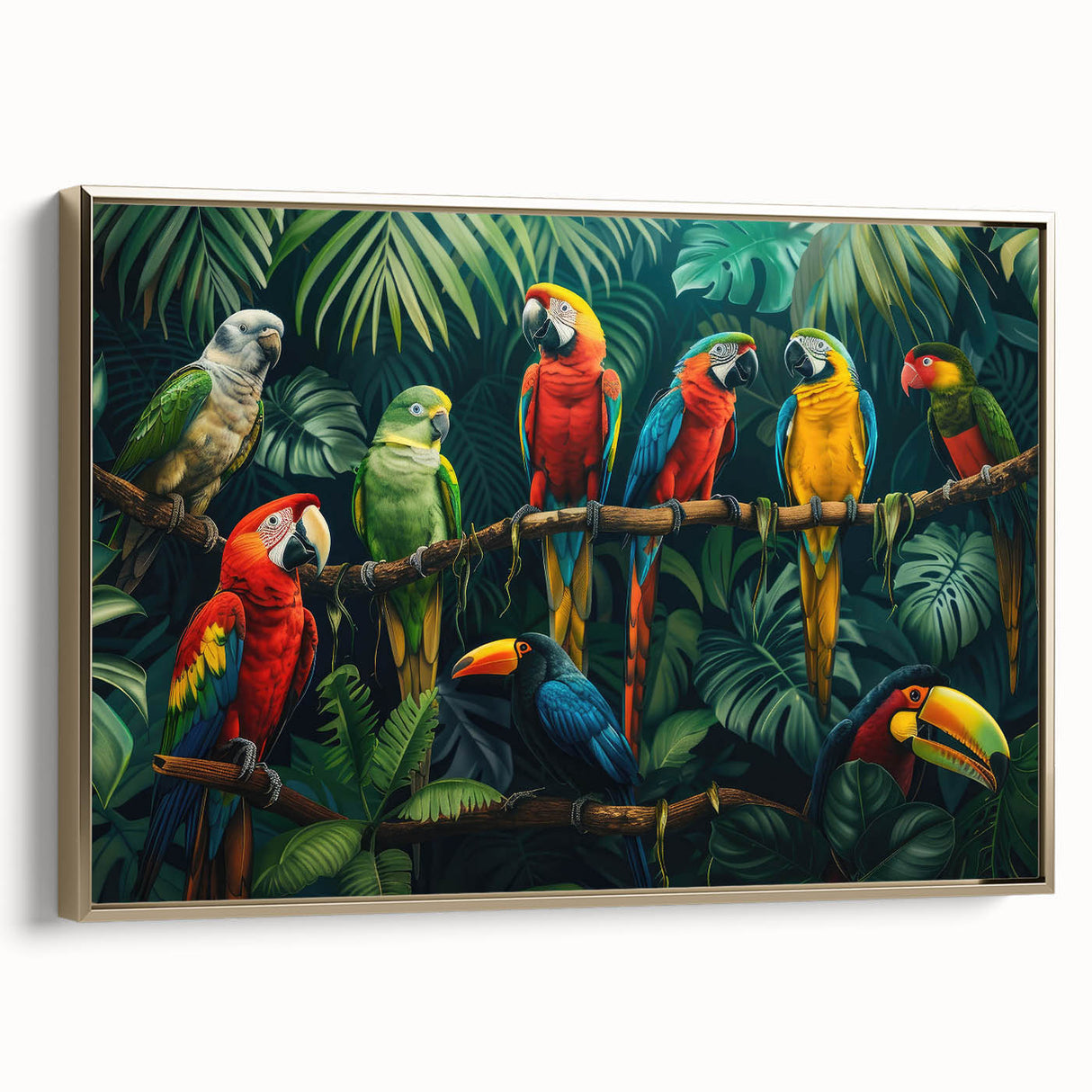 Framed canvas wall art showcasing a vibrant rainforest landscape with lush green foliage and gold accents, designed to enhance interior decor and evoke tranquility. Ideal for nature enthusiasts and modern home aesthetics.