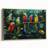 Framed canvas wall art showcasing a vibrant rainforest landscape with lush green foliage and gold accents, designed to enhance interior decor and evoke tranquility. Ideal for nature enthusiasts and modern home aesthetics.