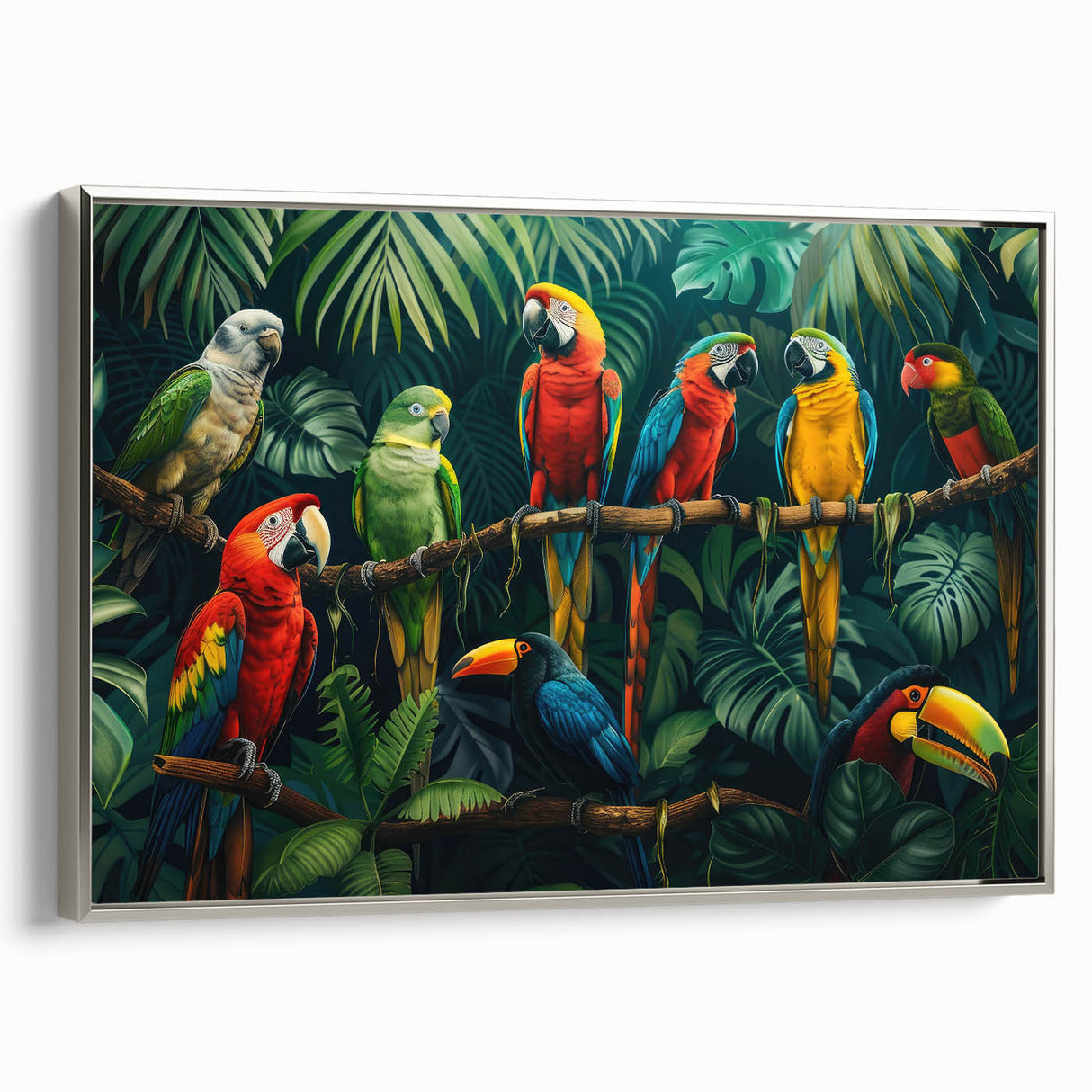 Framed canvas wall art showcasing a vibrant rainforest landscape, featuring lush greenery and rich colors, elegantly displayed with a sleek silver frame. This piece adds a touch of nature-inspired elegance to any room decor.