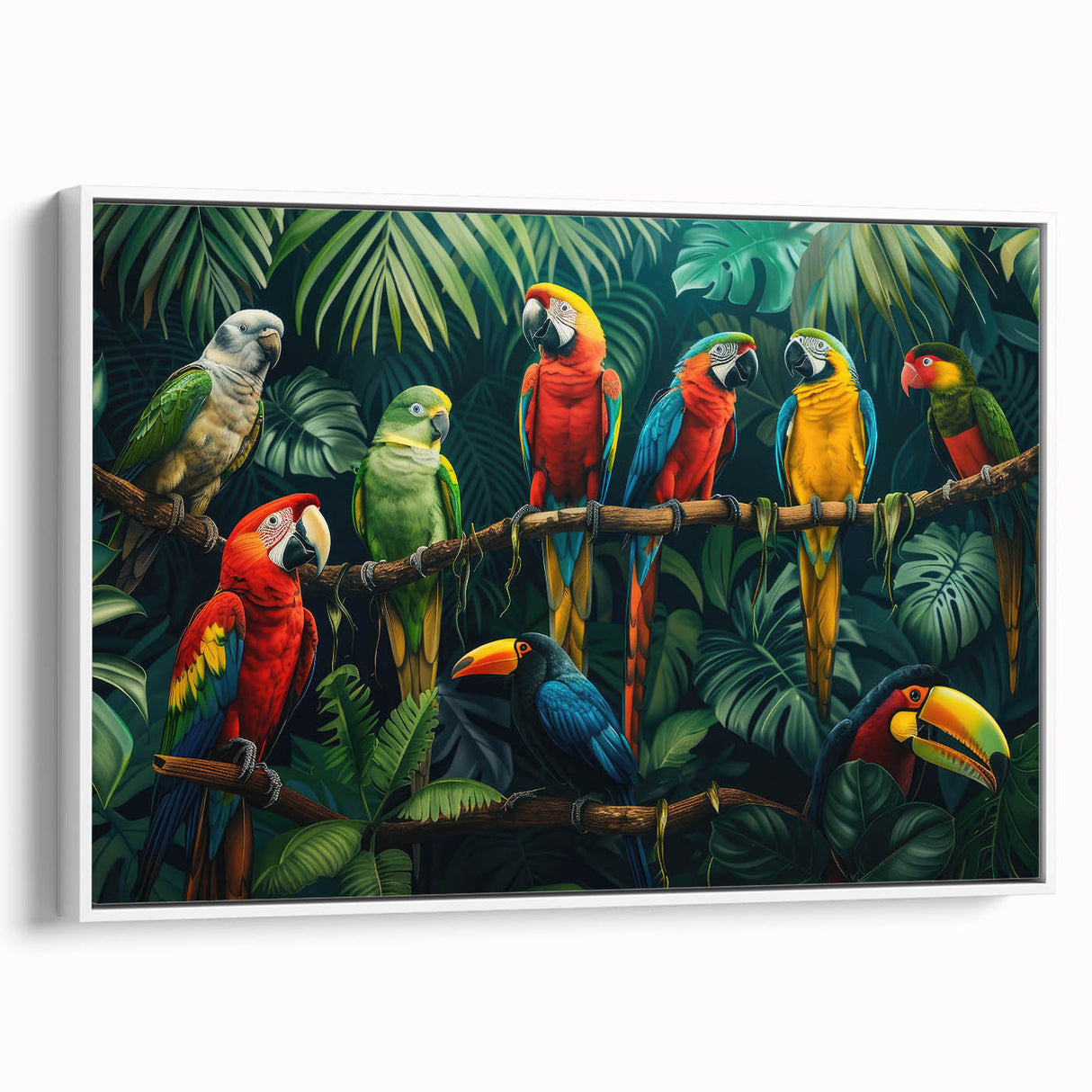 Framed canvas wall art depicting a vibrant rainforest landscape with rich greens and intricate details, displayed at a slight angle to showcase its depth and texture.
