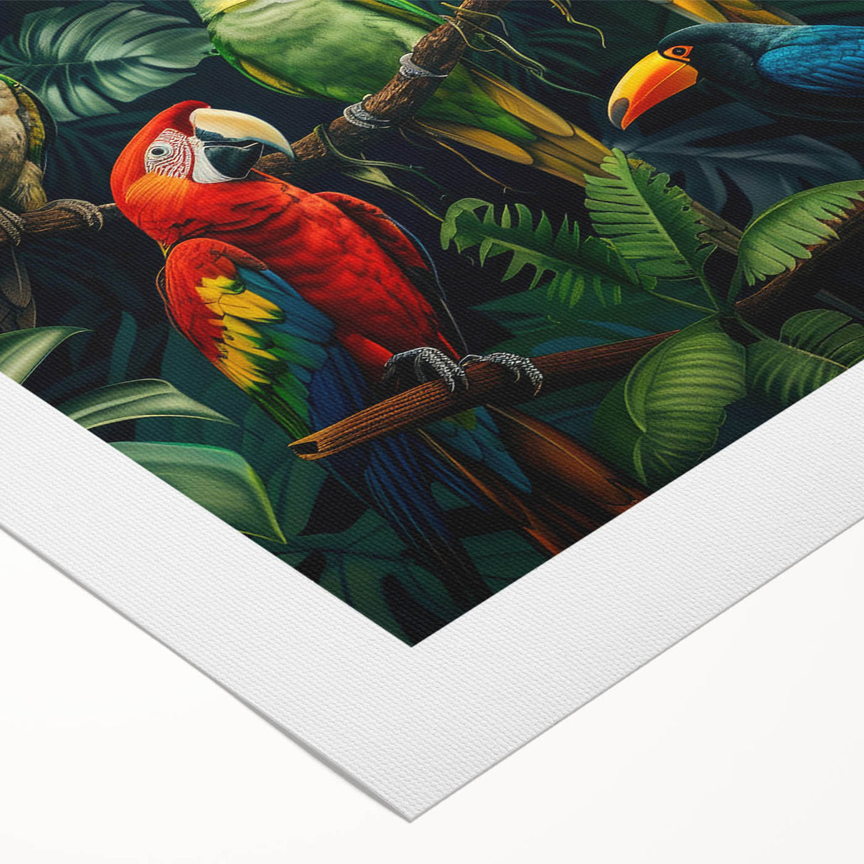 Vibrant rolled canvas depicting a lush rainforest landscape, showcasing rich green foliage and intricate details, perfect for enhancing home decor.