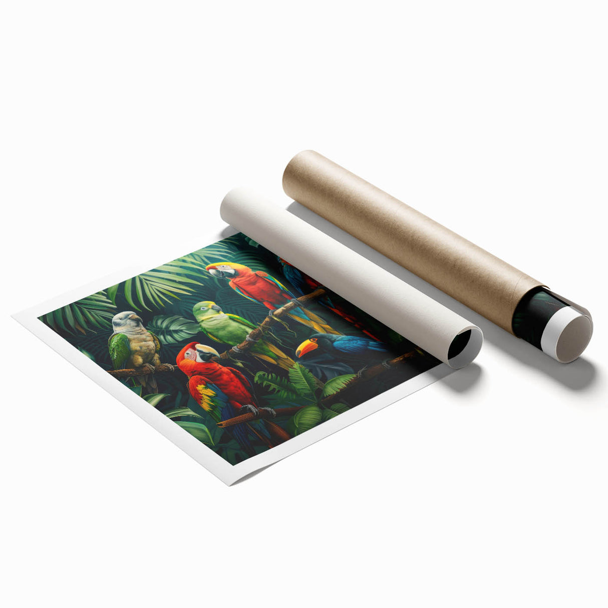 Vibrant rainforest landscape wall art print showcasing lush greenery and vivid flora, elegantly rolled for shipping in a protective cardboard tube. Perfect for nature-inspired decor.