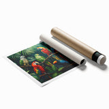 Vibrant rainforest landscape wall art print showcasing lush greenery and vivid flora, elegantly rolled for shipping in a protective cardboard tube. Perfect for nature-inspired decor.