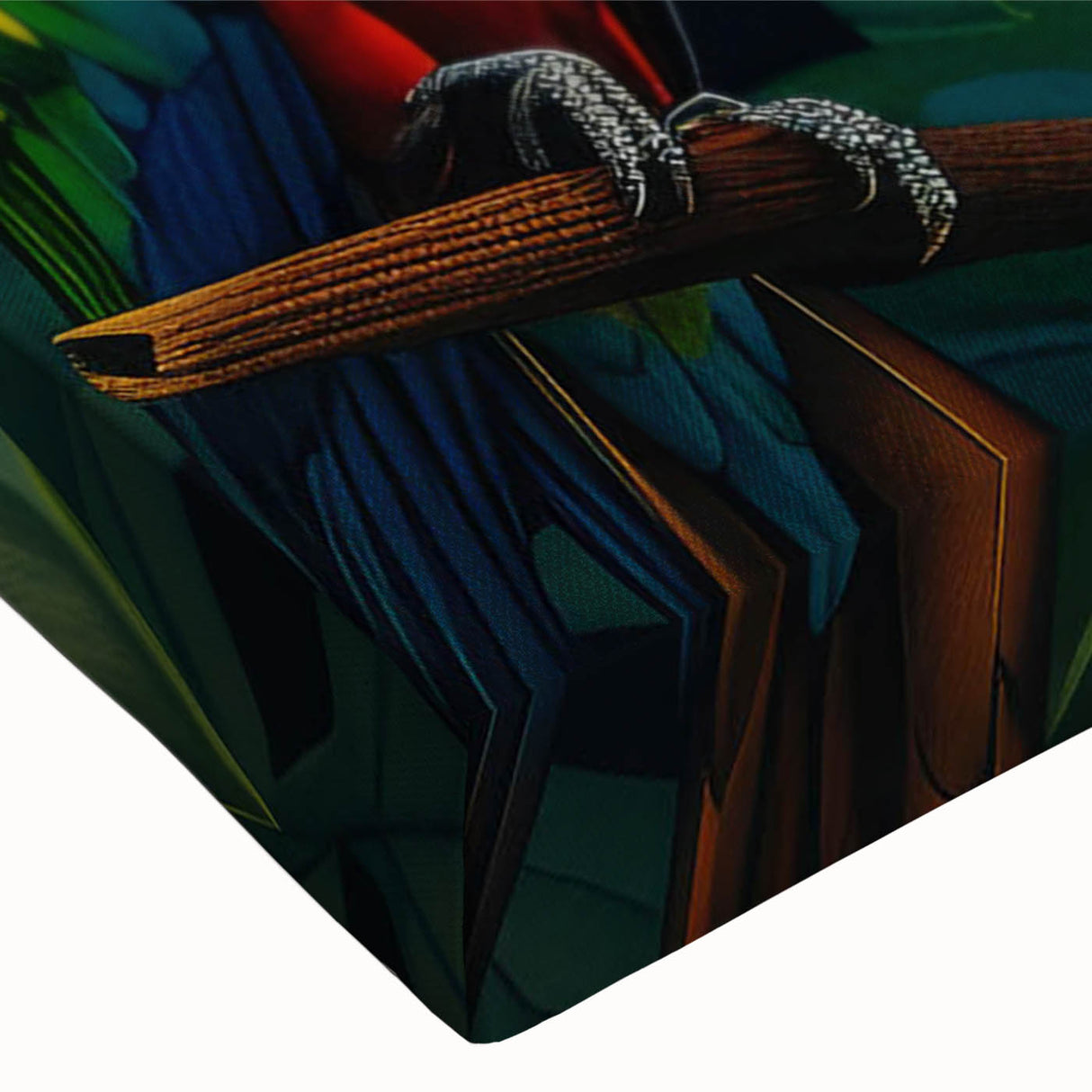 Close-up of a stretched canvas wall art design depicting a vibrant rainforest landscape, showcasing lush greenery and rich colors, perfect for nature-inspired decor.