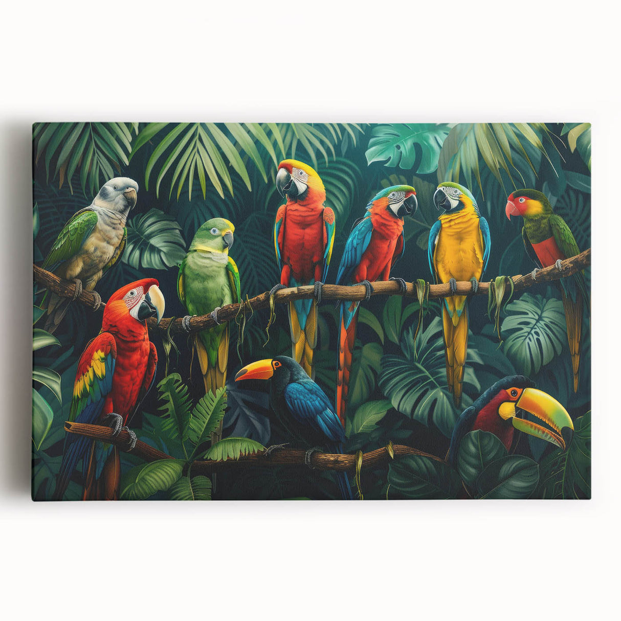 Stretched canvas wall art showcasing a vibrant rainforest landscape design, featuring lush greenery and rich colors, perfect for enhancing any room's decor.