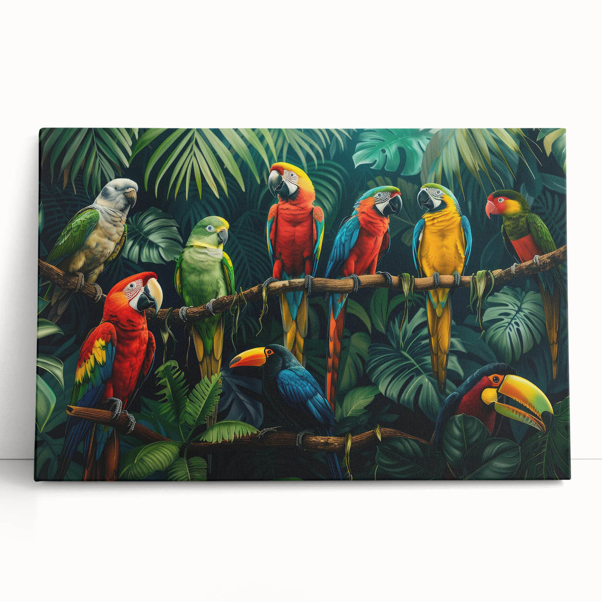 Vibrant rainforest-themed stretched canvas wall art featuring lush greenery and vibrant tropical colors, ideal for home decor, showcasing a serene natural landscape.