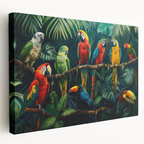 Stretched canvas wall art featuring a vibrant rainforest landscape design, showcasing lush greenery and vivid colors, ideal for enhancing home decor.