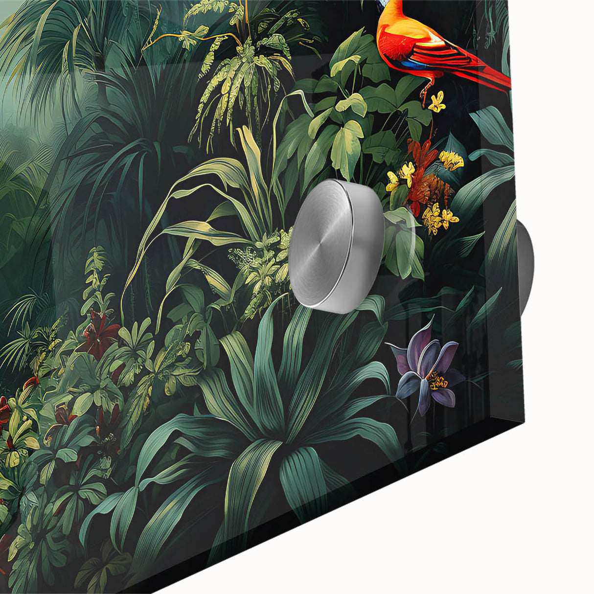 Close-up of a vibrant rainforest landscape wall art piece featuring lush green foliage and intricate details, designed with acrylic glass for a modern aesthetic, perfect for nature-inspired decor.
