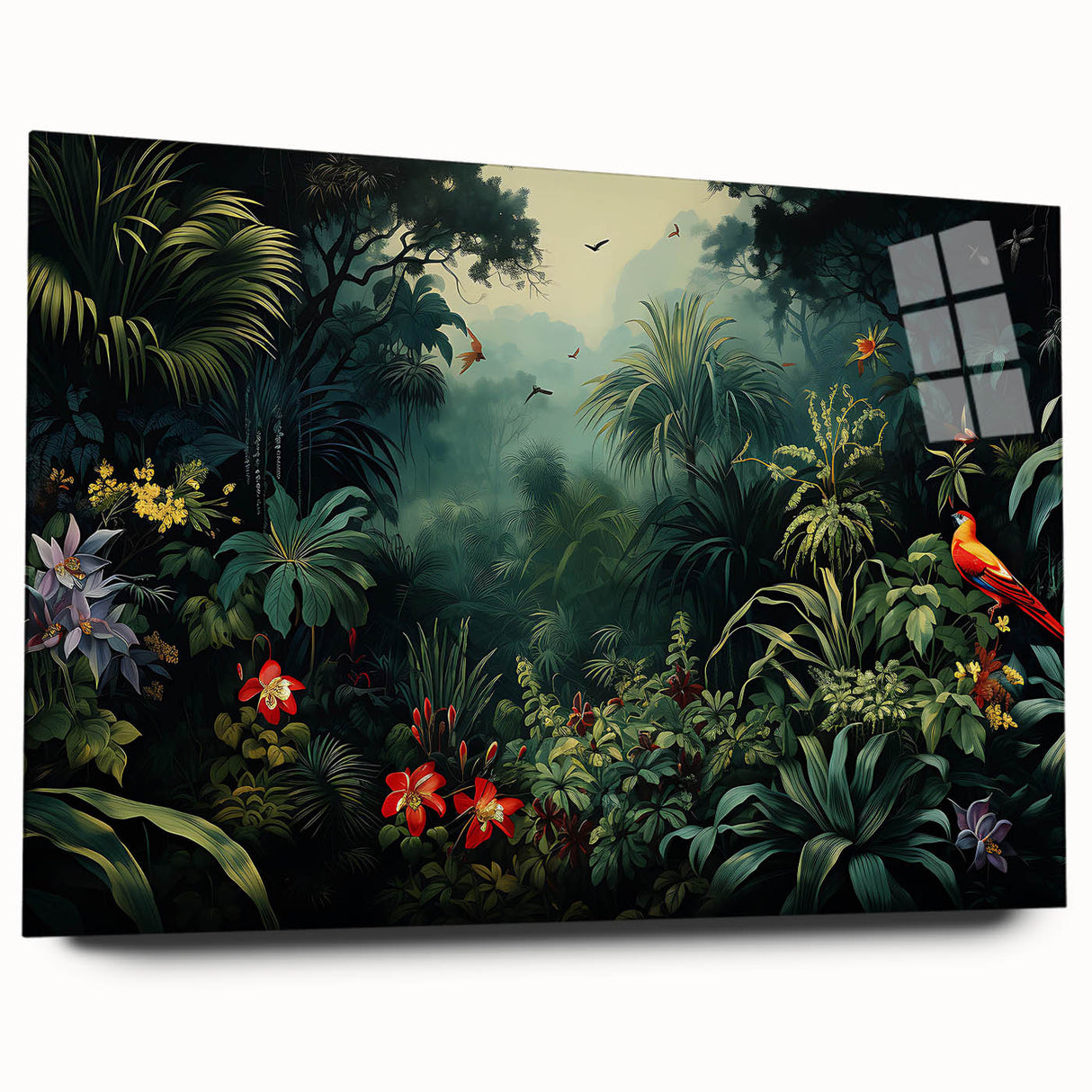 Acrylic glass wall art showcasing a vibrant rainforest landscape design, highlighting lush greenery and intricate details, perfect for enhancing interior decor.