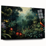 Acrylic glass wall art showcasing a vibrant rainforest landscape design, highlighting lush greenery and intricate details, perfect for enhancing interior decor.