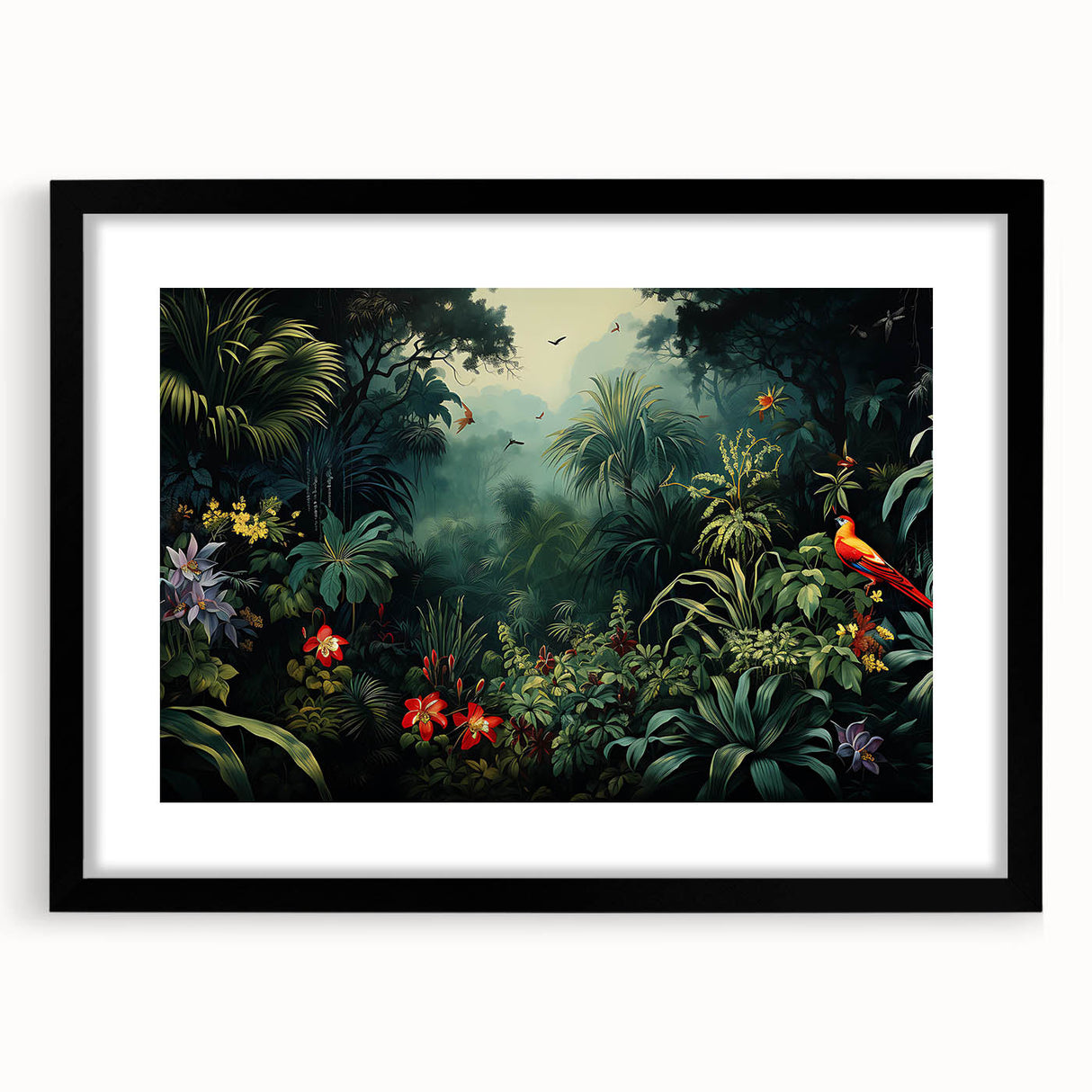 Framed rainforest landscape wall art with a black mat, showcasing vibrant green foliage and intricate details, ideal for nature-themed decor and home aesthetics.