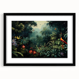 Framed rainforest landscape wall art with a black mat, showcasing vibrant green foliage and intricate details, ideal for nature-themed decor and home aesthetics.