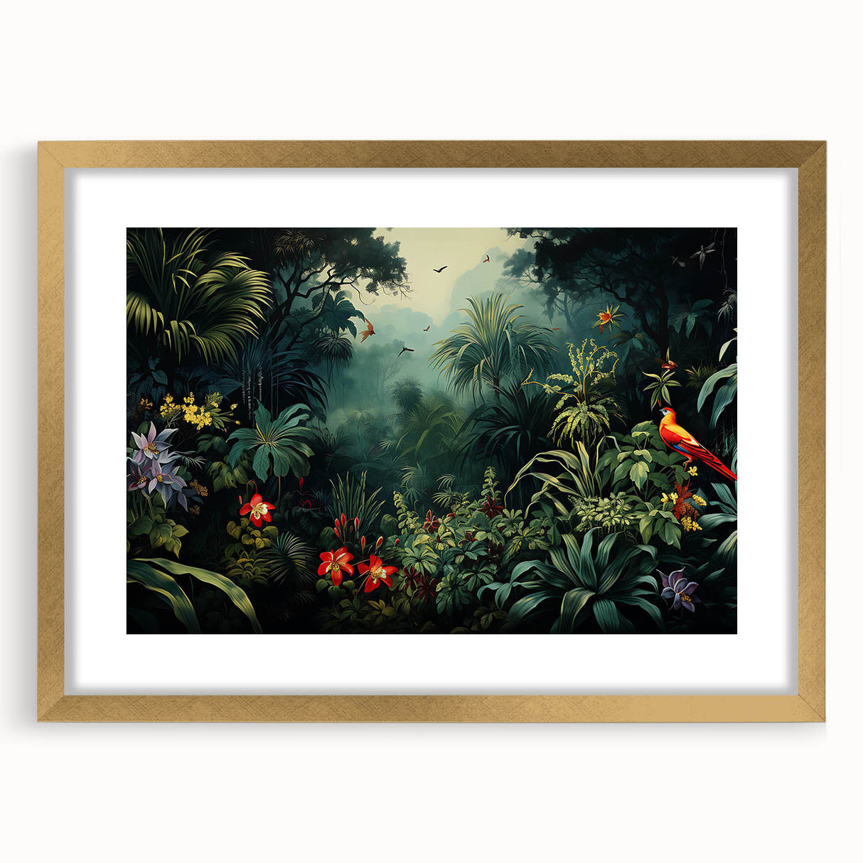 Framed wall art showcasing a vibrant rainforest landscape design, featuring lush greenery and golden accents, perfect for adding a touch of nature to home decor.