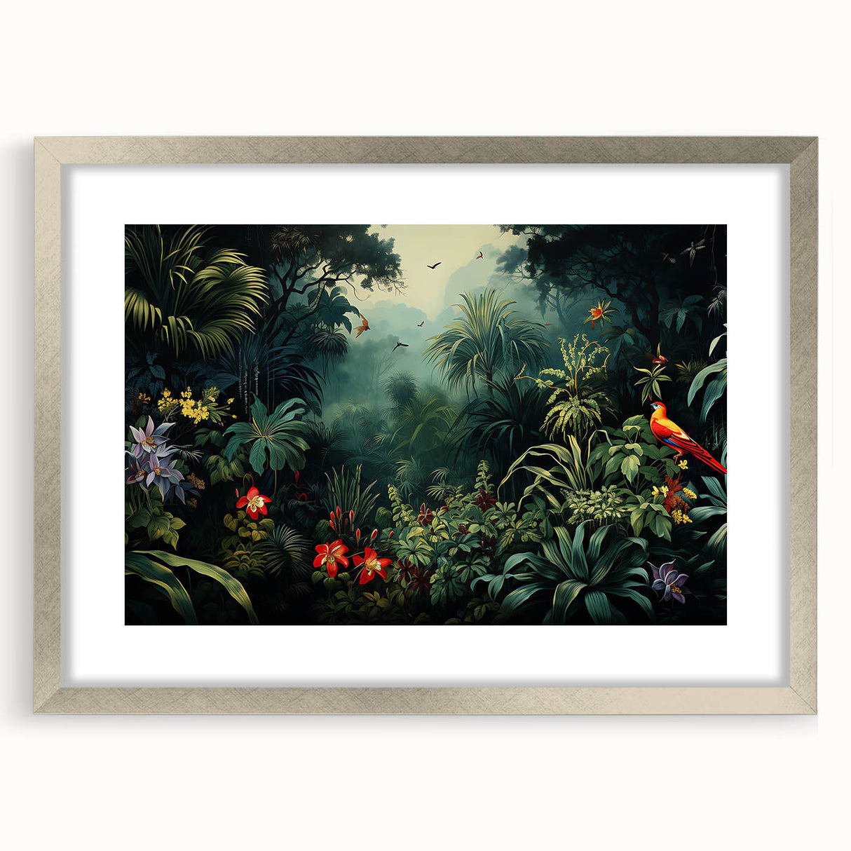 Framed rainforest landscape wall art collection in silver finish, showcasing vibrant greens and earthy tones, ideal for enhancing home decor.