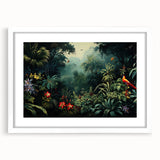 Framed wall art featuring a vibrant rainforest landscape design, showcasing lush greenery and tropical plants, presented with a white mat for an elegant finish.