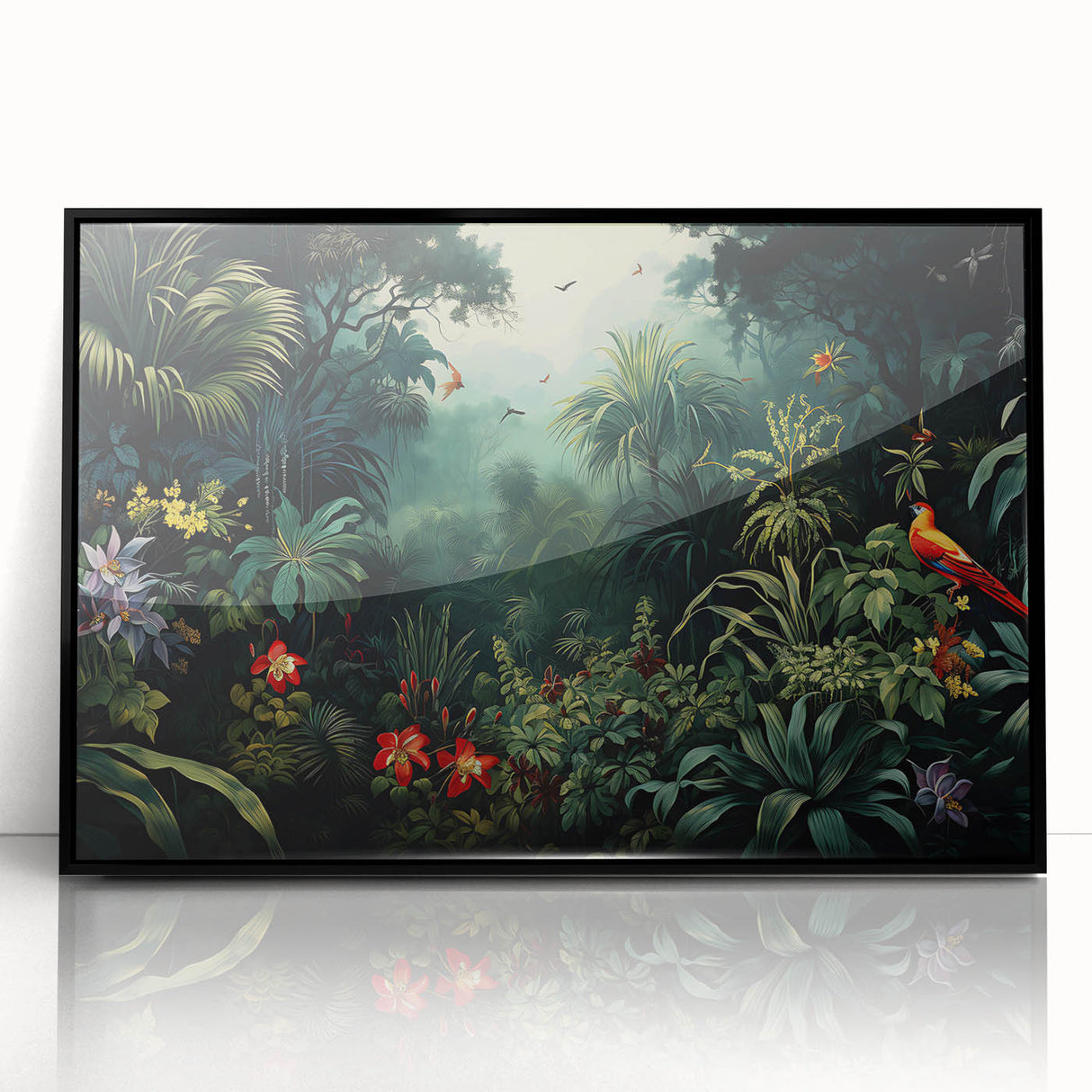 Framed wall art depicting a vibrant rainforest landscape with lush greenery and colorful flora, set in a black frame, perfect for nature-themed decor.