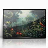 Framed wall art depicting a vibrant rainforest landscape with lush greenery and colorful flora, set in a black frame, perfect for nature-themed decor.