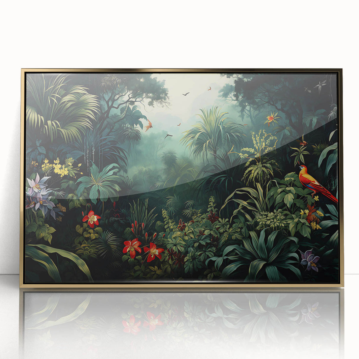 Framed acrylic wall art showcasing a vibrant rainforest landscape design with gold accents, perfect for home decor and nature-inspired aesthetics.