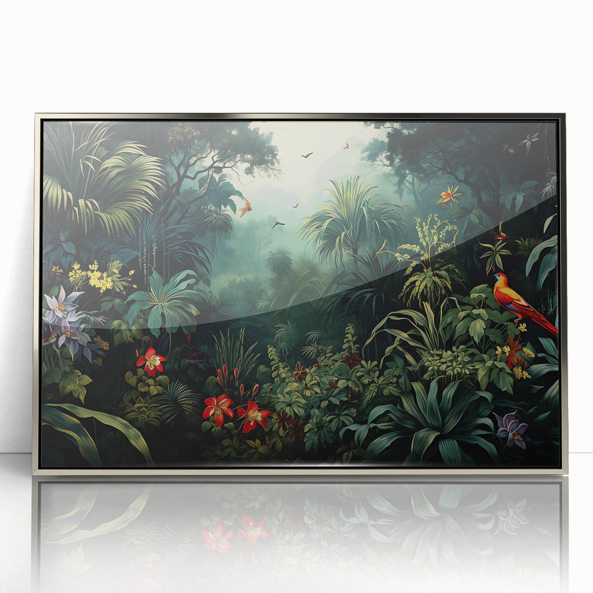 Framed acrylic wall art depicting a lush rainforest landscape with vibrant green foliage and silver accents, ideal for adding a serene touch to home decor.
