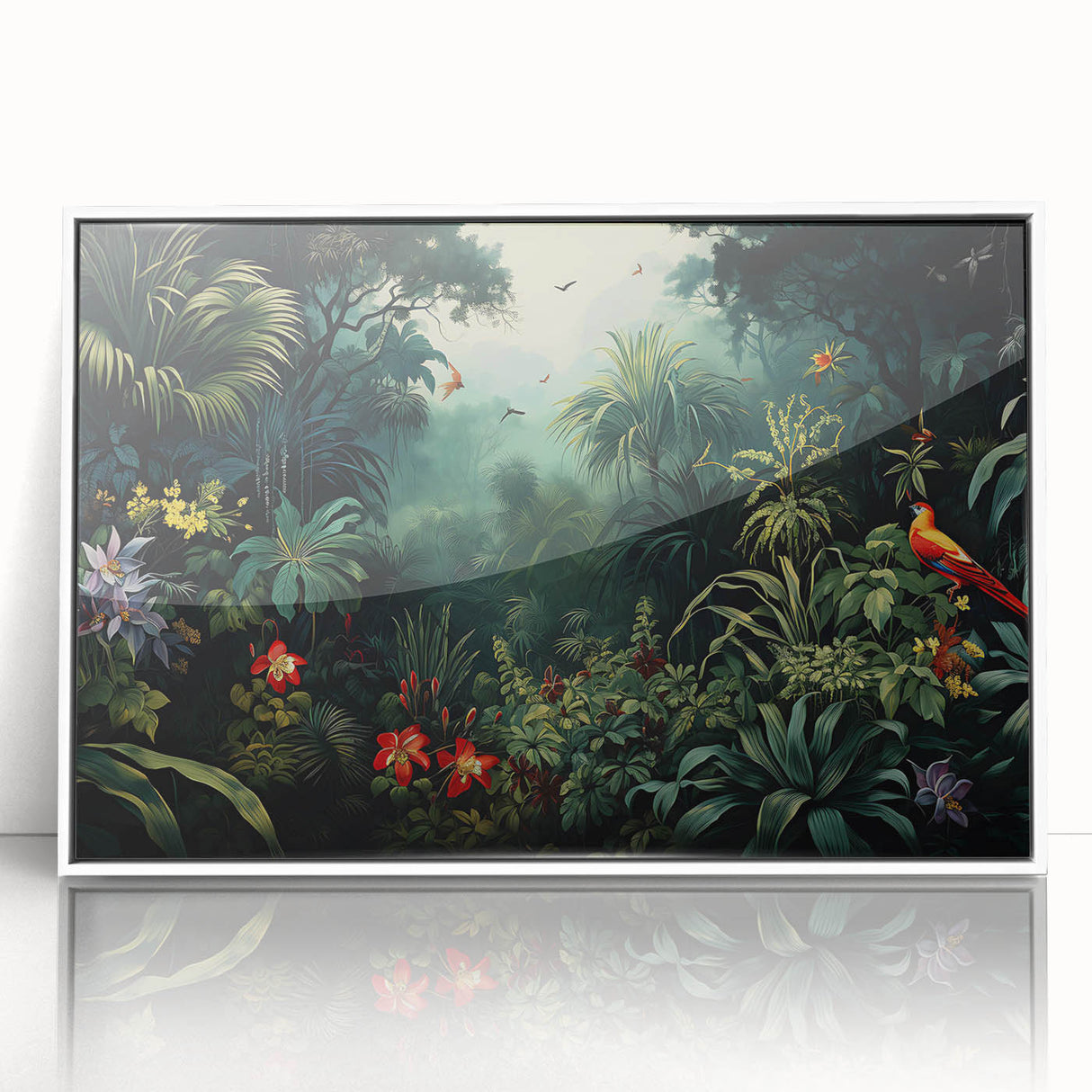 Framed acrylic wall art featuring a vibrant rainforest landscape design, showcasing lush greenery and colorful flora, set against a sleek white frame for modern decor.